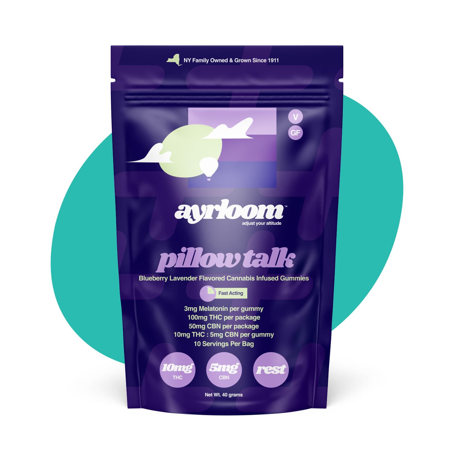ayrloom Pillow Talk Blueberry Lavender Up 2:1 THC:CBN 100mg - 10pk
