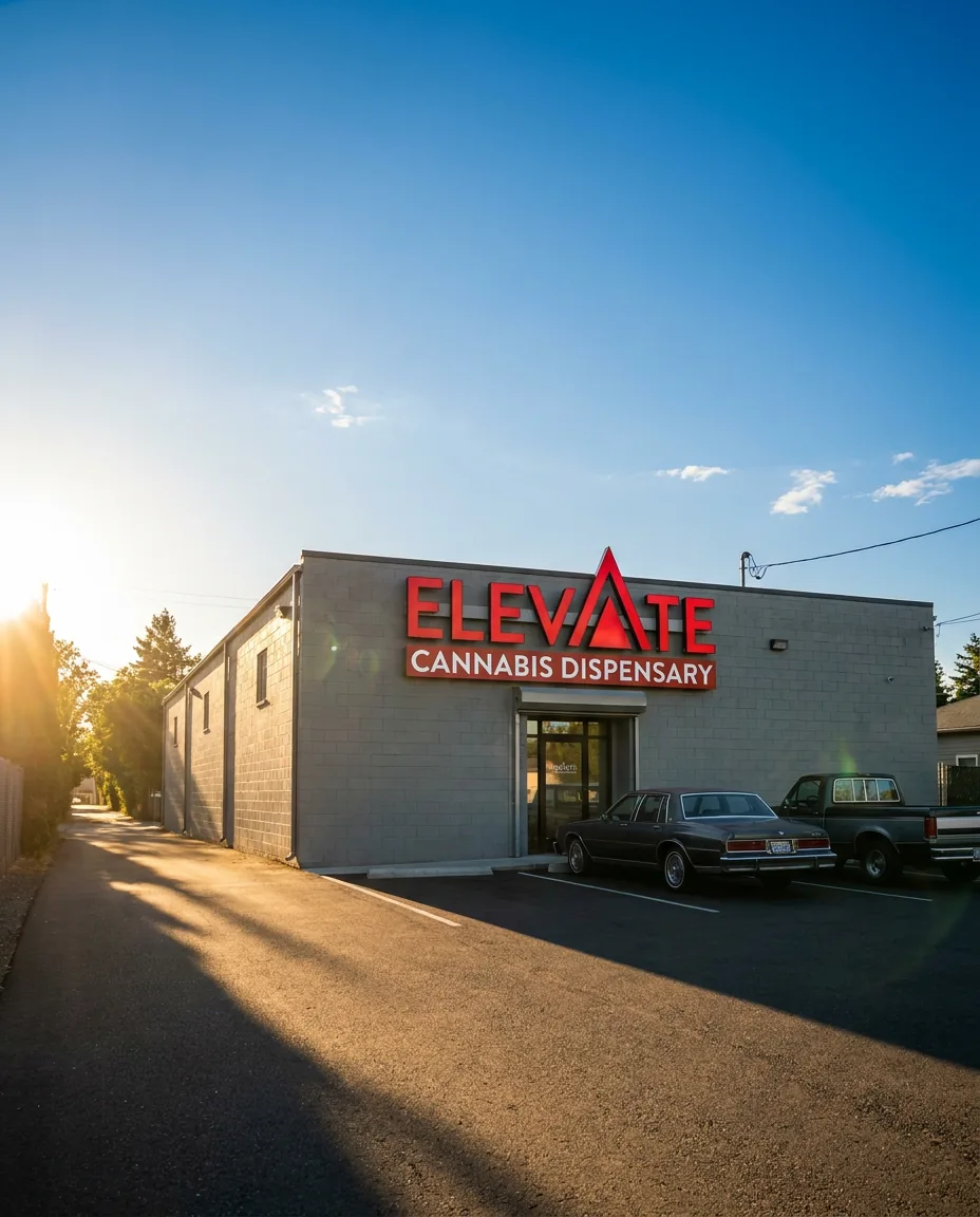 Elevate Cannabis storefront with red channel-letter sign and parking out front